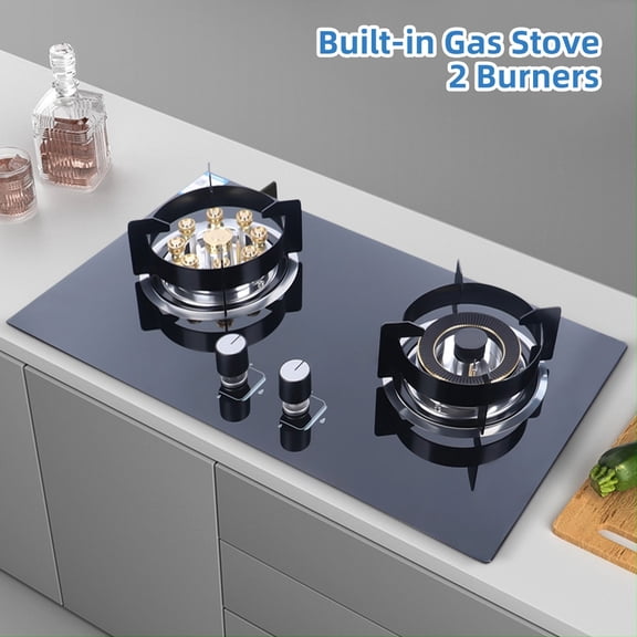 New Built-in Gas Stove 730x410mm, Black Glass & Copper, Left 4.2kW Right 5.2kW Natural Gas