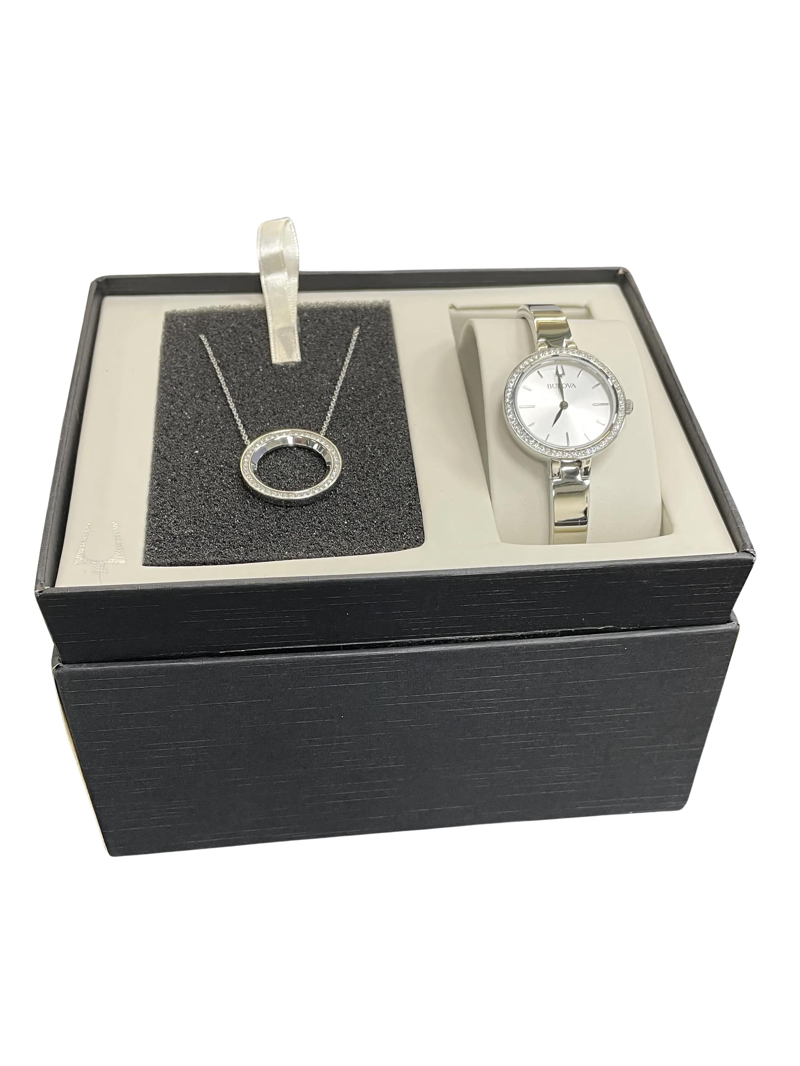 Bulova Stainless Steel Ladies Watch and Crystal Stud Necklace Set