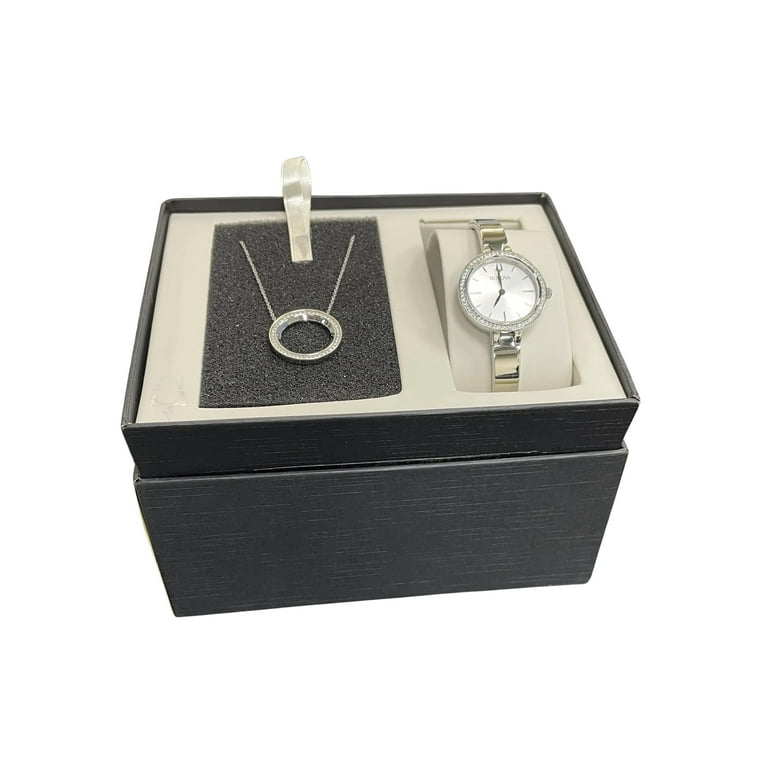New Bulova Crystal Steel Silver Dial Ladies Watch Necklace Set 96X154