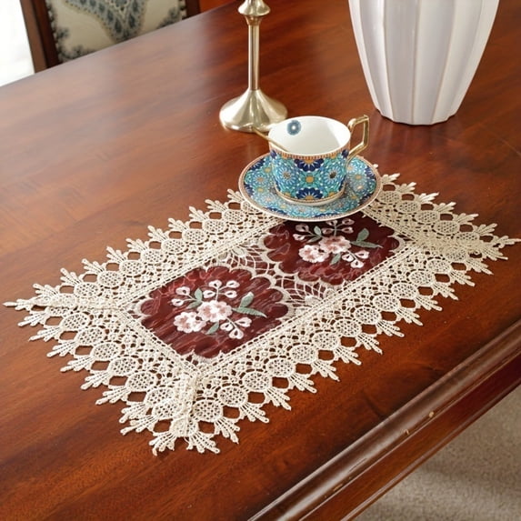 New Burgundy Lace Table Runner - Sheer Glass Fabric Embroidered Coffee Table Mat, Home Dining Table & TV Cabinet Tablecloth for Elegant Decor