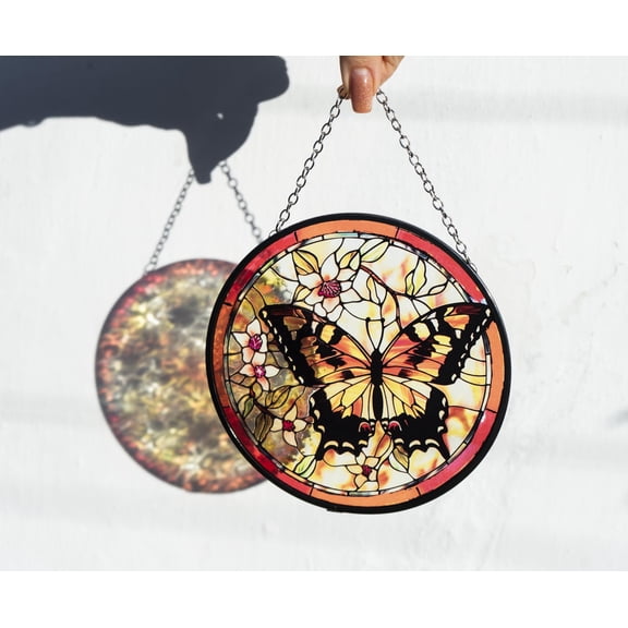 New Butterfly Stained Glass Suncatcher, Floral Window Hanging, Handmade Insect Glass Panel, Monarch Butterfly Suncatcher Decor, Summer Glass Art