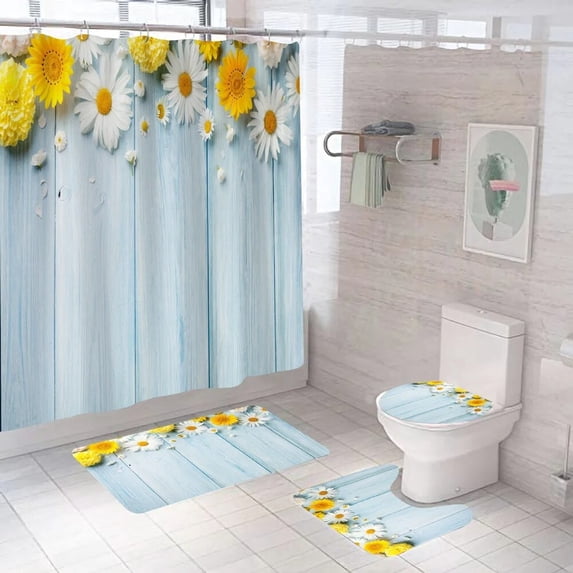 New Butterfly White Daisy Shower Curtain Set With Mat Retro Floral Vintage Flower Teal Rustic Wooden Plank Art Bathroom Curtains