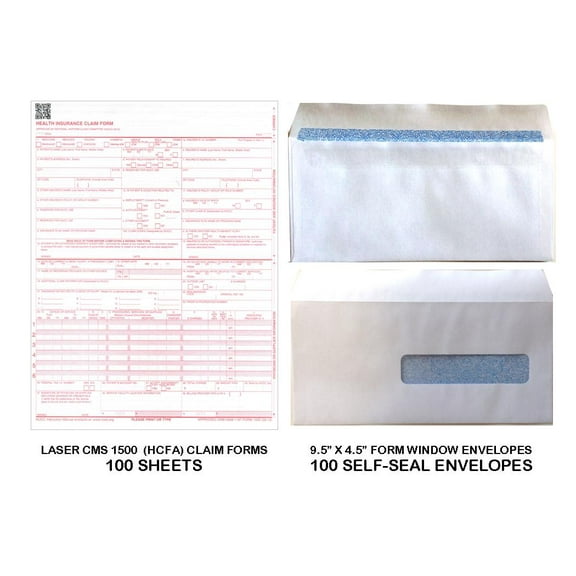 New CMS 1500 - HCFA Insurance Claim Forms and Self-Seal No. 10-1/2 Tinted Window Envelopes - 100 FORMS AND ENVELOPES