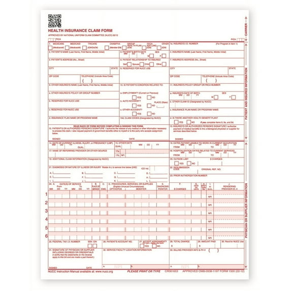 New CMS 1500 Health Insurance Claim Forms, HCFA Approved Version (02/12) - 500 Forms