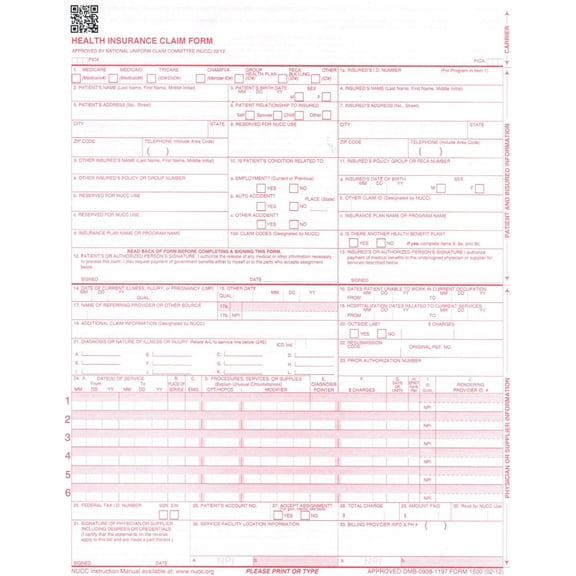 New CMS 1500 Health Insurance Claim Forms, HCFA Approved Version (02/12) - Ream of 100 Forms