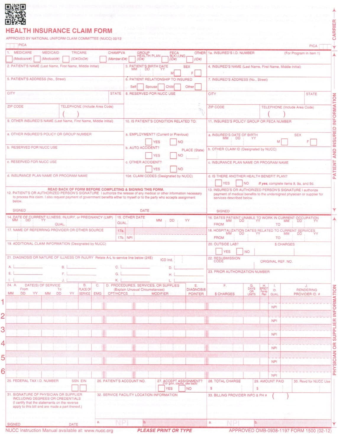 New CMS-1500 Insurance Claim Forms, HCFA (Version 02/12) - 9 REAMS ...