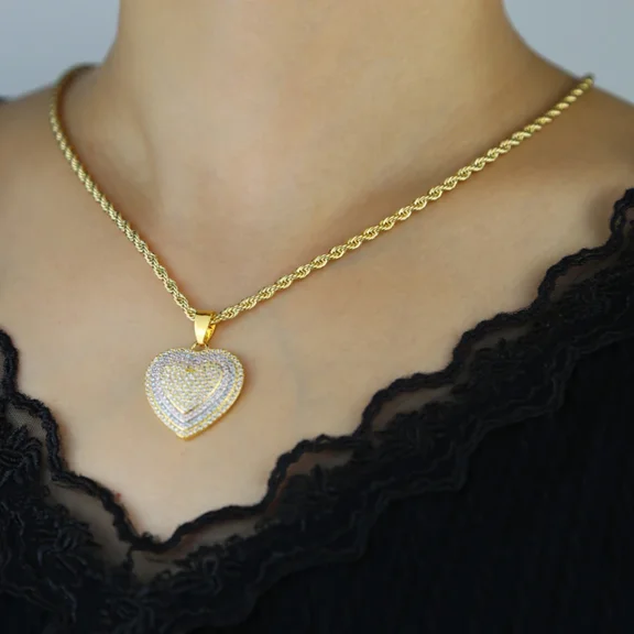 New CZ Heart 14K Yellow Gold Pendant Necklace Golden Color Iced Out Cubic Zirconia Stone Love Charm Hip Hop Women Jewelry