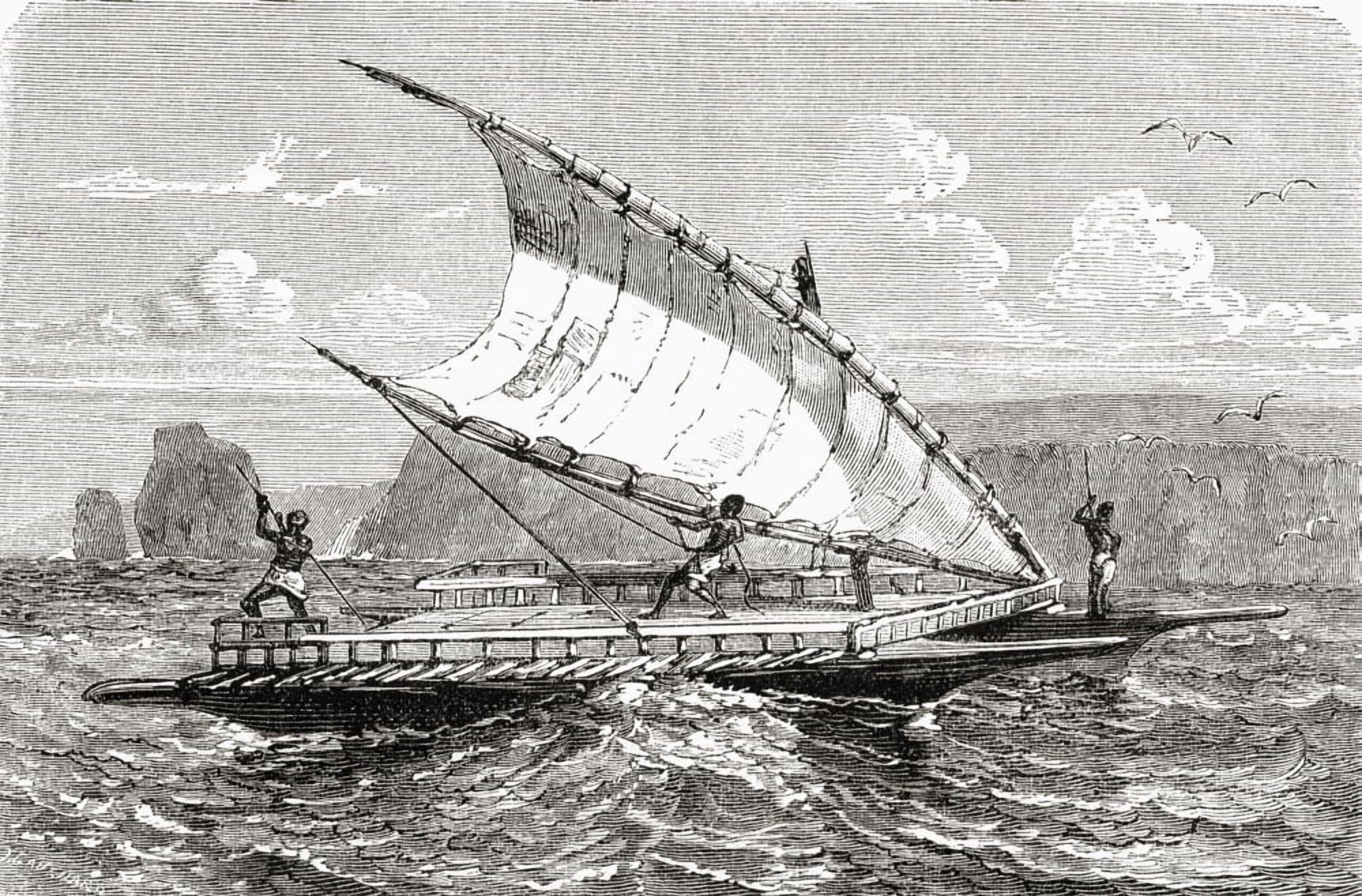 New Caledonian Double Canoe From El Mundo En La Mano Published 1878 Canvas Art - Ken Welsh Design Pics (36 x 22)