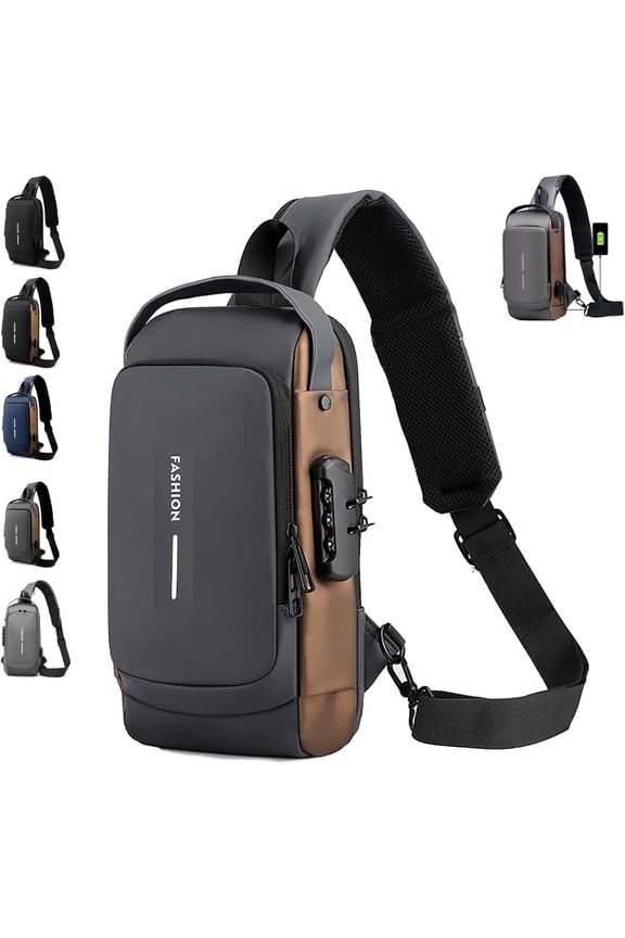 New Carbon Fiber Streamline Anti-theft Sling Bag-USB Charging & Lock, Waterproof Cross Body Anti Theft Sport Shoulder Purse (Grey with Brown)