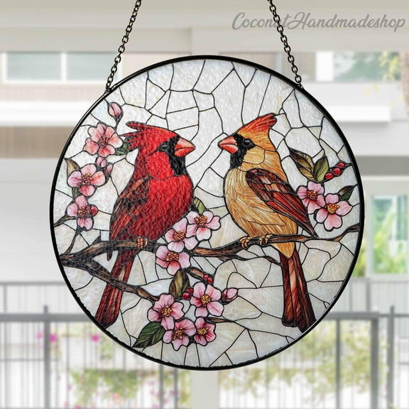 New Cardinal Stained Glass Suncatcher For Window Hanging, Cardinal Glass Suncatcher, Window Hanging For Cardinal Bird Lover, Memorial Gift