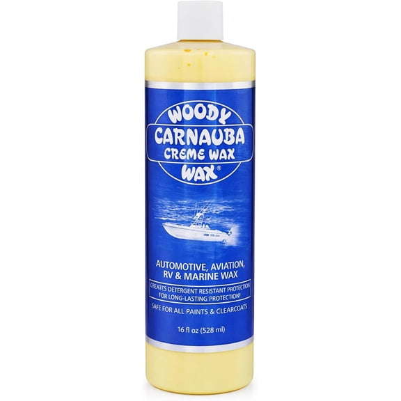 Woody Wax Carnauba Creme Wax, Professional High-Gloss Marine, RV & Aviation Wax, UV Protection for Paint & Clear Coat, Detergent Resistant Polymers, Covers Light Scratches and Removes Oxidation, 16Oz