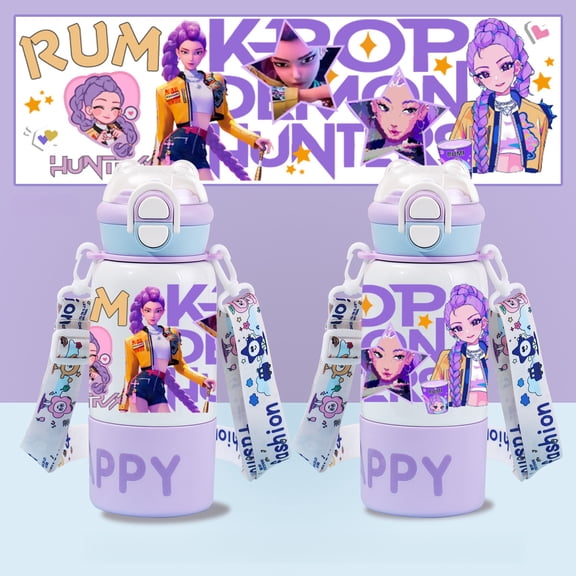 New Cartoon Anime KPOP Cool Printed Straw Insulated Cup with Handle High Appearance Double Drinking Mouth Stainless Steel Cute Water Cup