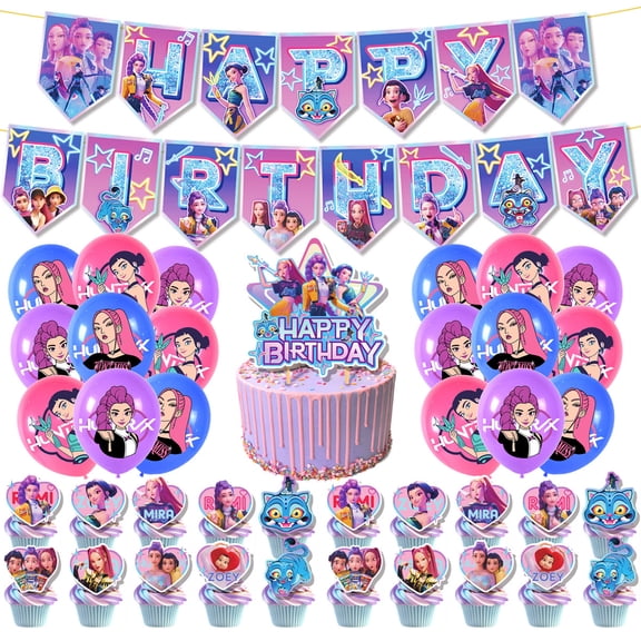 New Cartoon Anime KPOP Cool Theme Birthday Party Decorations, Including Flag Balloons and Cake Toppers Set, Suitable for Parties and Gatherings