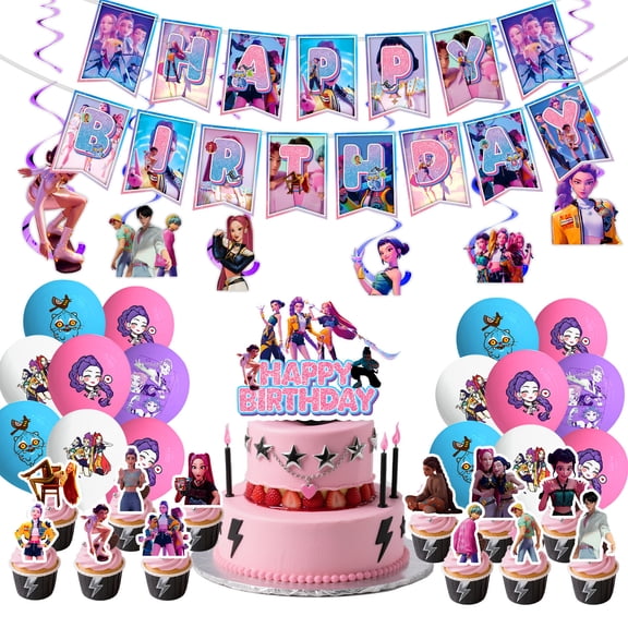 New Cartoon Anime KPOP Girl Group Theme Birthday Party Supplies, Including Tablecloth, Balloons, Banners, Cake Toppers, and Horn Box Sets, Suitable for Parties and Gatherings