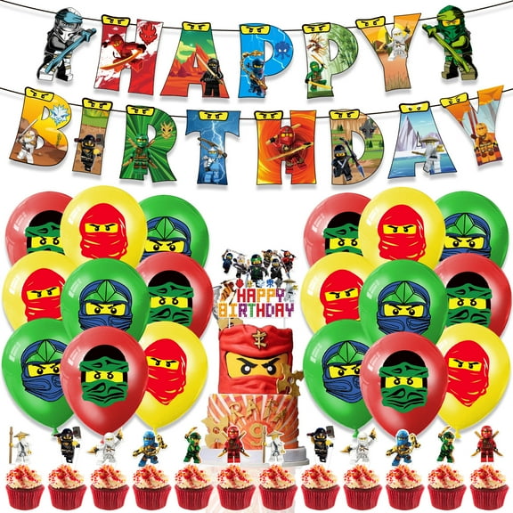 New Cartoon Anime Ninjago Theme Birthday Party Decoration, Including Banners, Cake Toppers, Balloons, Spiral Hanging Decorations, Suitable for Birthday Parties and Carnival Parties
