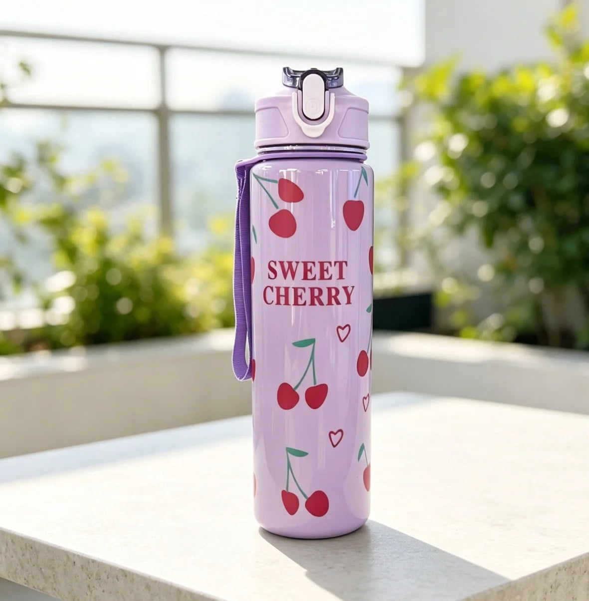 New Cartoon Cherry Print 750ML Portable Leak-Proof Plastic Water Bottle ...