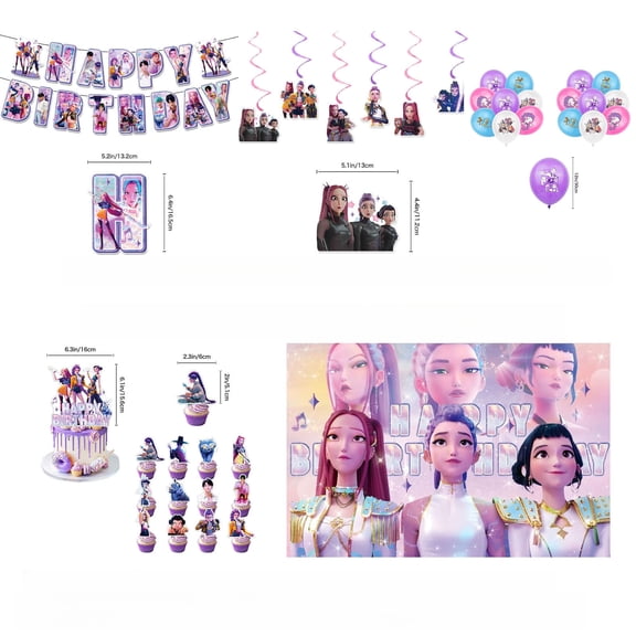 New Cartoon Cool Kpop Girl Group Theme Birthday Party Decorations, Including Background Cloth Flag Balloon Cake Topper Spiral Hanging Decoration Set, Suitable for Party Gatherings