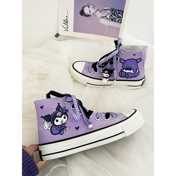 New Cartoon Kuromi Fashionable High-Top Canvas Shoes | Girls Cute Flat Shoes | Trendy Lightweight Sports Shoes | Versatile Soft Sneakers