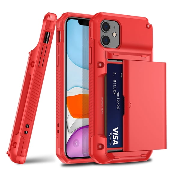 New Case for iPhone 11 Case Wallet Credit Card Holder ID Slot Sliding Door Hidden Pocket Men Women Anti-Scratch Dual Layer Hybrid Bumper Armor Protective Hard Shell Back Cover, 3 Color