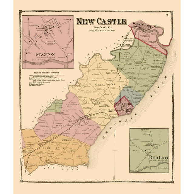 Historic County Map - New Castle County Delaware - Beers 1868 - 23 x 26.66 - Vintage Wall Art