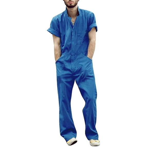 New Casual Mens Sports Suit Mens Solid Colour Short Sleeve Jumpsuit With Zip Work Lapel One Piece Suit