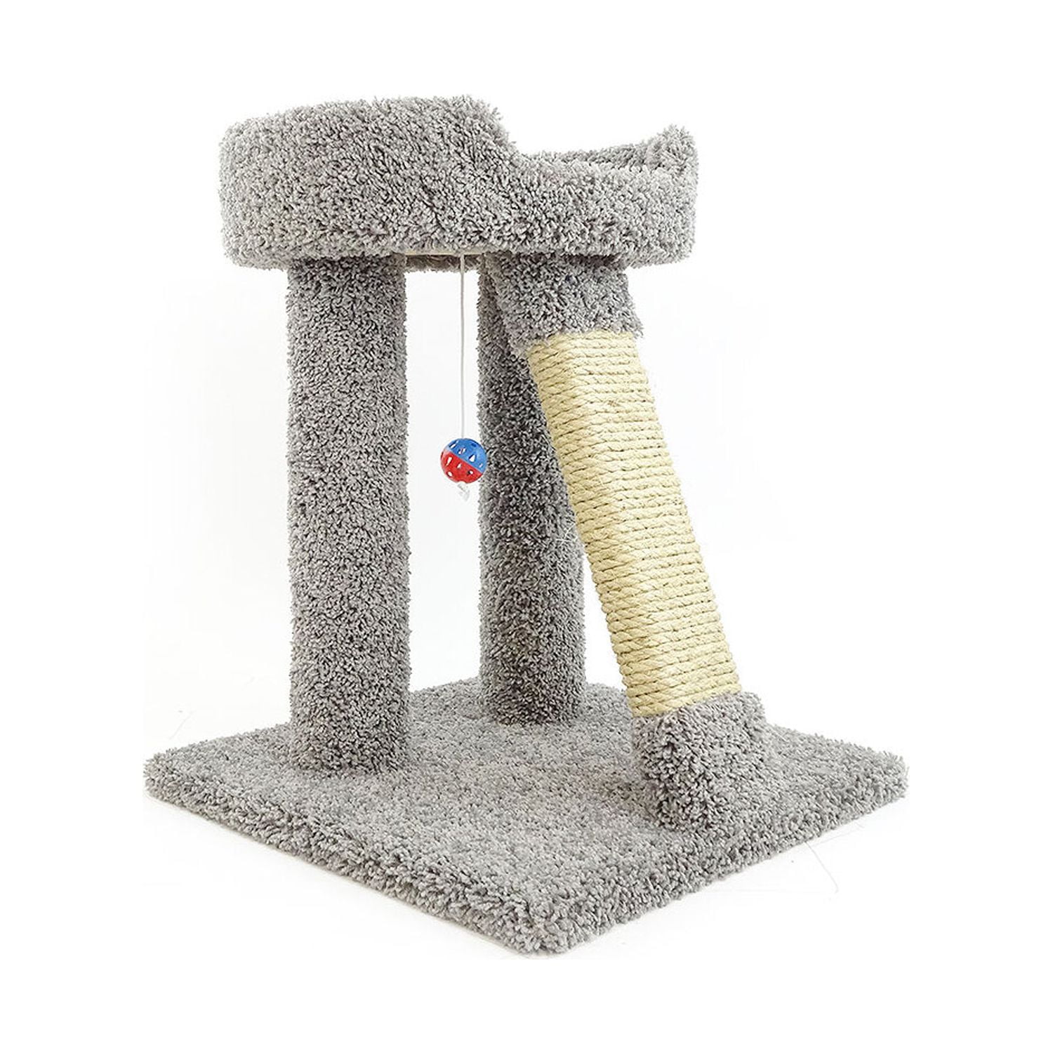 Gray Elevated Cat Bed with Sisal Scratching Post and Toy