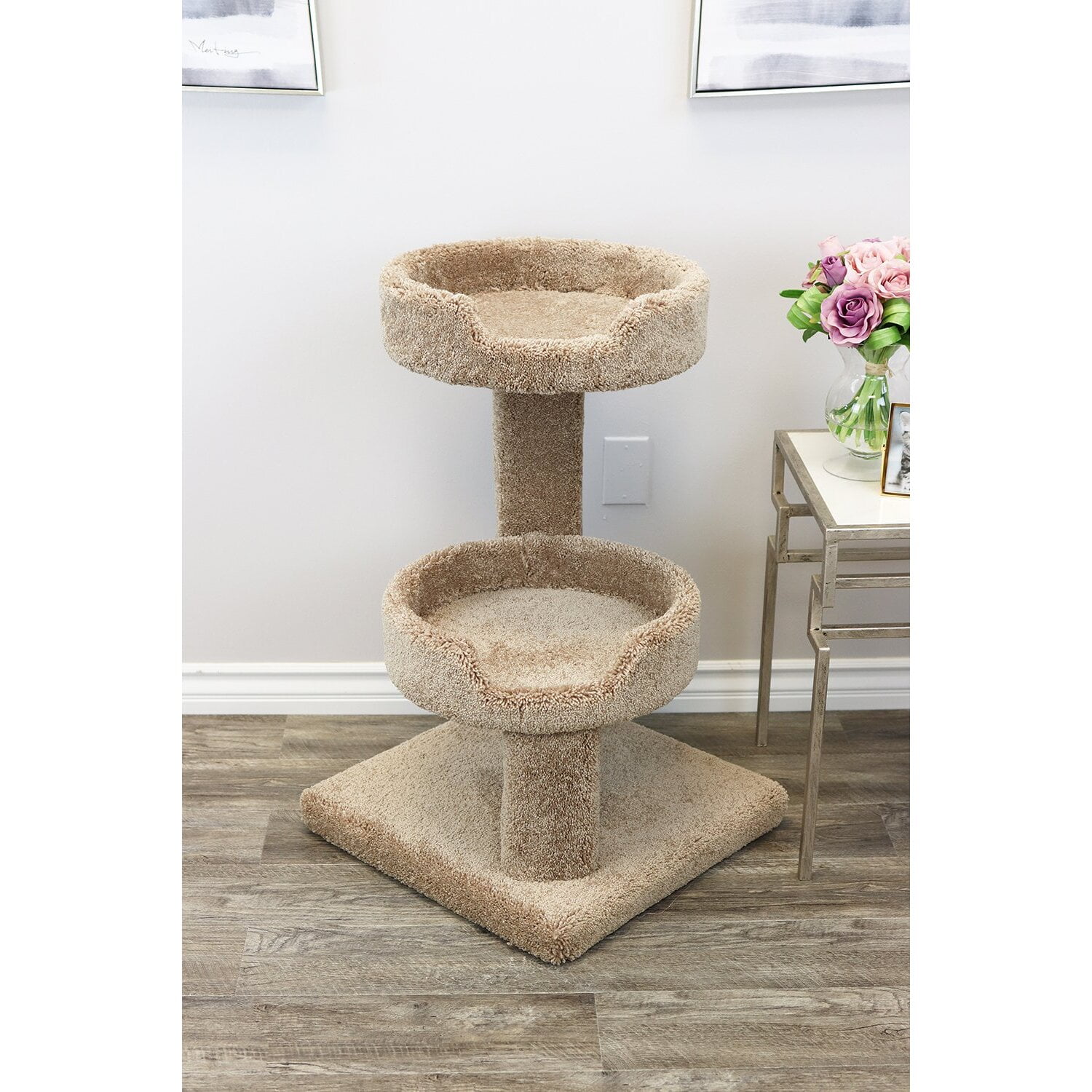 32'' Beige Sisal and Wood Cat Tree with Dual Perches