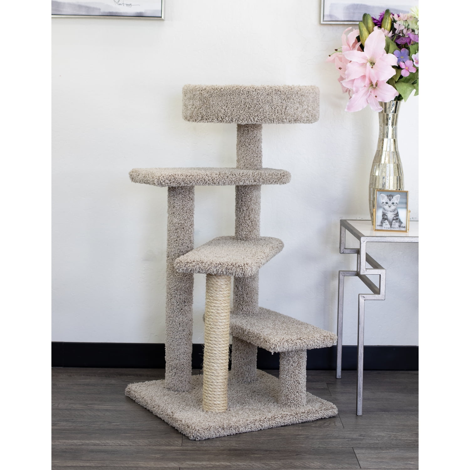 Beige Sisal Spiral Stairwell Cat Tree with Perch
