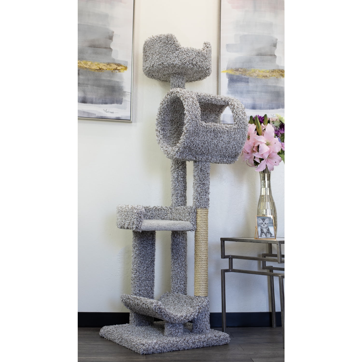 63'' Gray Carpet and Sisal Cat Tower with Hammock