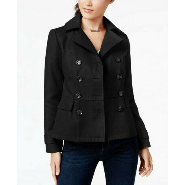 New Celebrity PINK Women's Black Double Breasted PeaCoat Hooded Jacket Size S