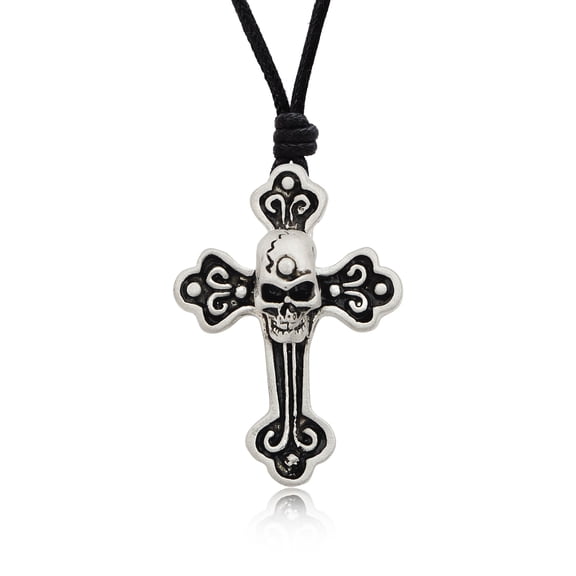 New Celtic Gothic Skull Cross Silver Pewter Charm Necklace Pendant Jewelry With Cotton Cord