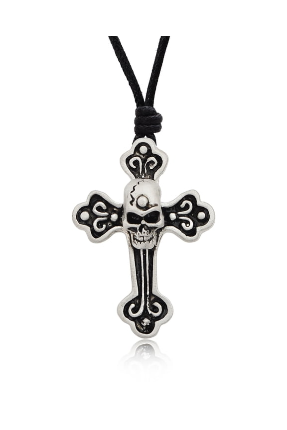 New Celtic Gothic Skull Cross Silver Pewter Charm Necklace Pendant Jewelry With Cotton Cord