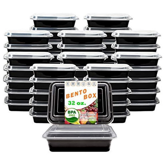 New Century, 50-Pack [32 oz] 1-Compartment Food Container - Rectangular Meal Prep Bento with Lid - Portable Lunch Box - Stackable - BPA Free - Freezer/Microwave/Dishwasher Safe - Reusab