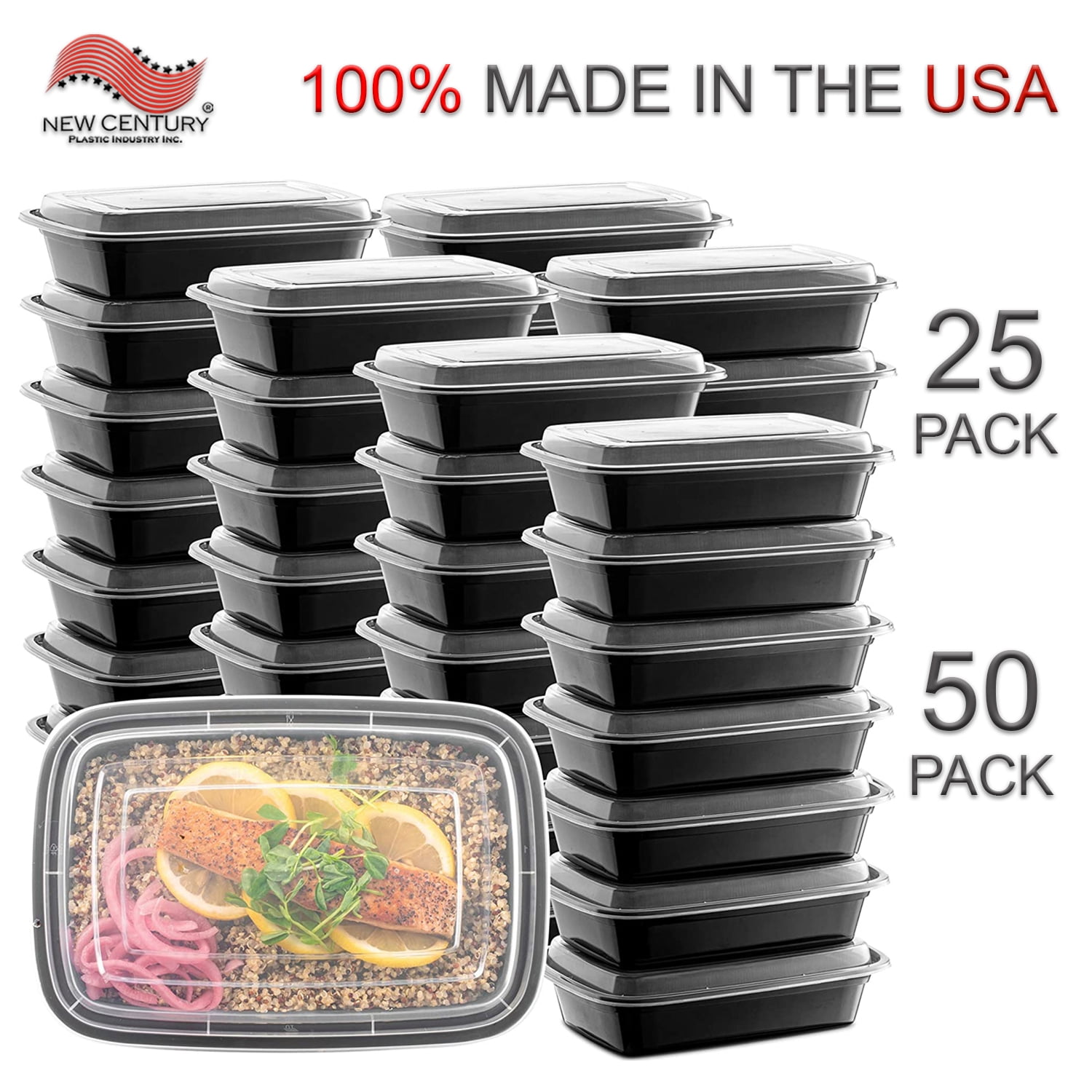 Black 32oz Plastic Meal Prep Containers with Lids, Set of 50