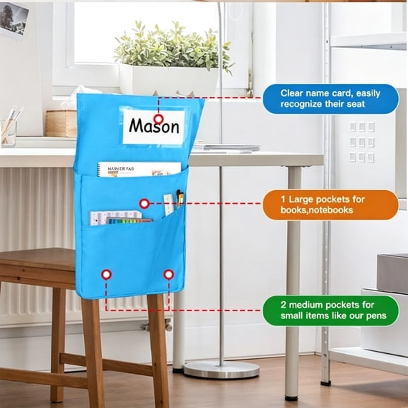 New Chair Pockets for Classrooms, Seat Back Hanging Organizer with Name Card Slot