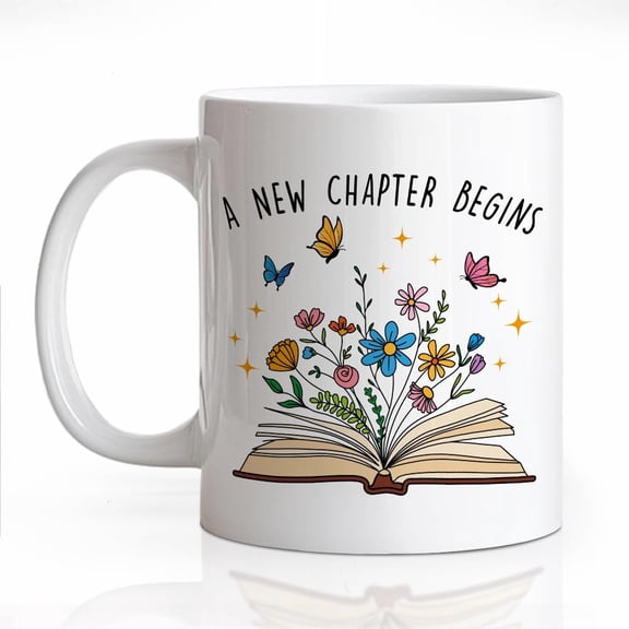 A New Chapter Begins Ceramic Coffee Mug for Women, Funny Floral Book 11oz Coffee Cup Gifts for Coworker, Retirement Farewell Mug Gifts, Going Away Good Luck Graduation Present