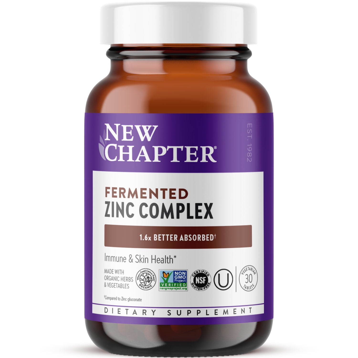 New Chapter Fermented Zinc Complex, ONE Daily Zinc Supplement for Immune Support + Skin Health, 30 tablets