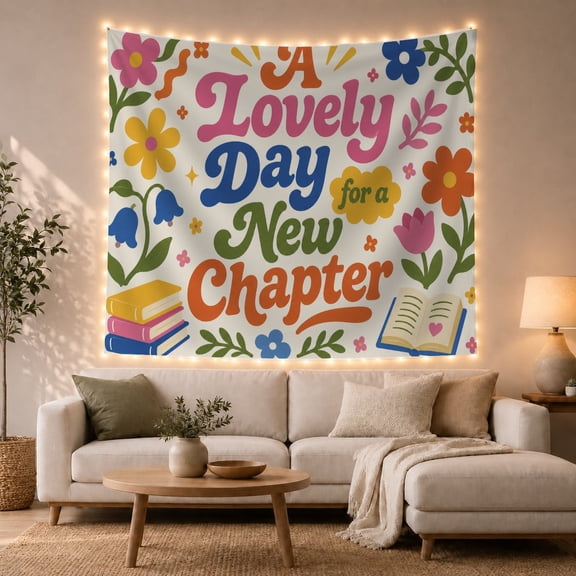 New Chapter Lettering with Books and Flowers, Playful Retro for Readers, Literary Wall Decor, Graduation Gift, Tapestry Wall Hanging for Classroom, Office and Dorm