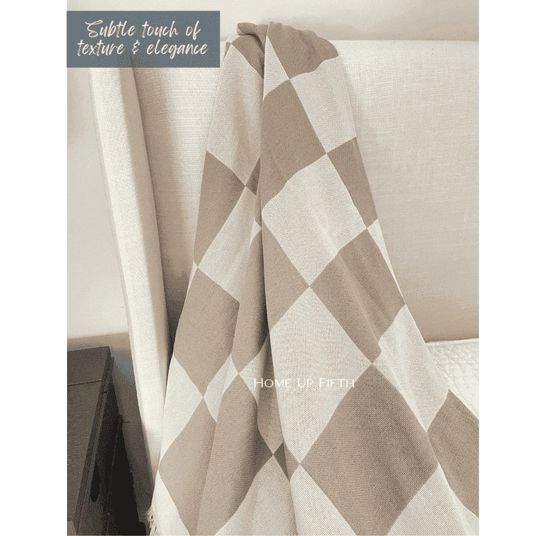 Checkered Couch Throw Blanket in Neutral Tan with Fringe 50x60 Size Walmart