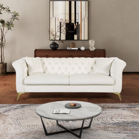 New Chesterfield Sofa, 2 Seater Tufted Couch for Living Room, Classic Button Tufted Upholstered Sofa, Modern Mid-Century PU Leather Sofa (Beige)