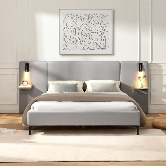 New Chic Linen Upholstered Bed with Integrated Lights and Shelves, Grey, Queen