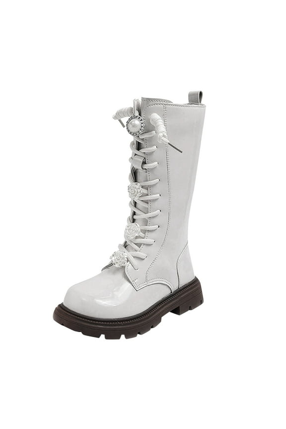 New Children Fashion High Sleeve Fashion Boots Little Girls Camellia Flower Accessories Versatile Side Zipper Leather Plush Cotton Boots White