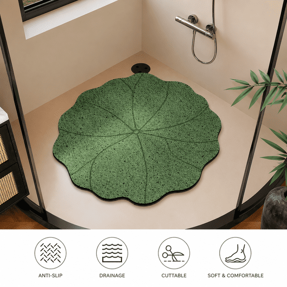 New Chinese Lotus PVC Loop Bathroom Shower Mat, Lotus Leaf and Flower Designs, Cuttable Drainage Floor Pad