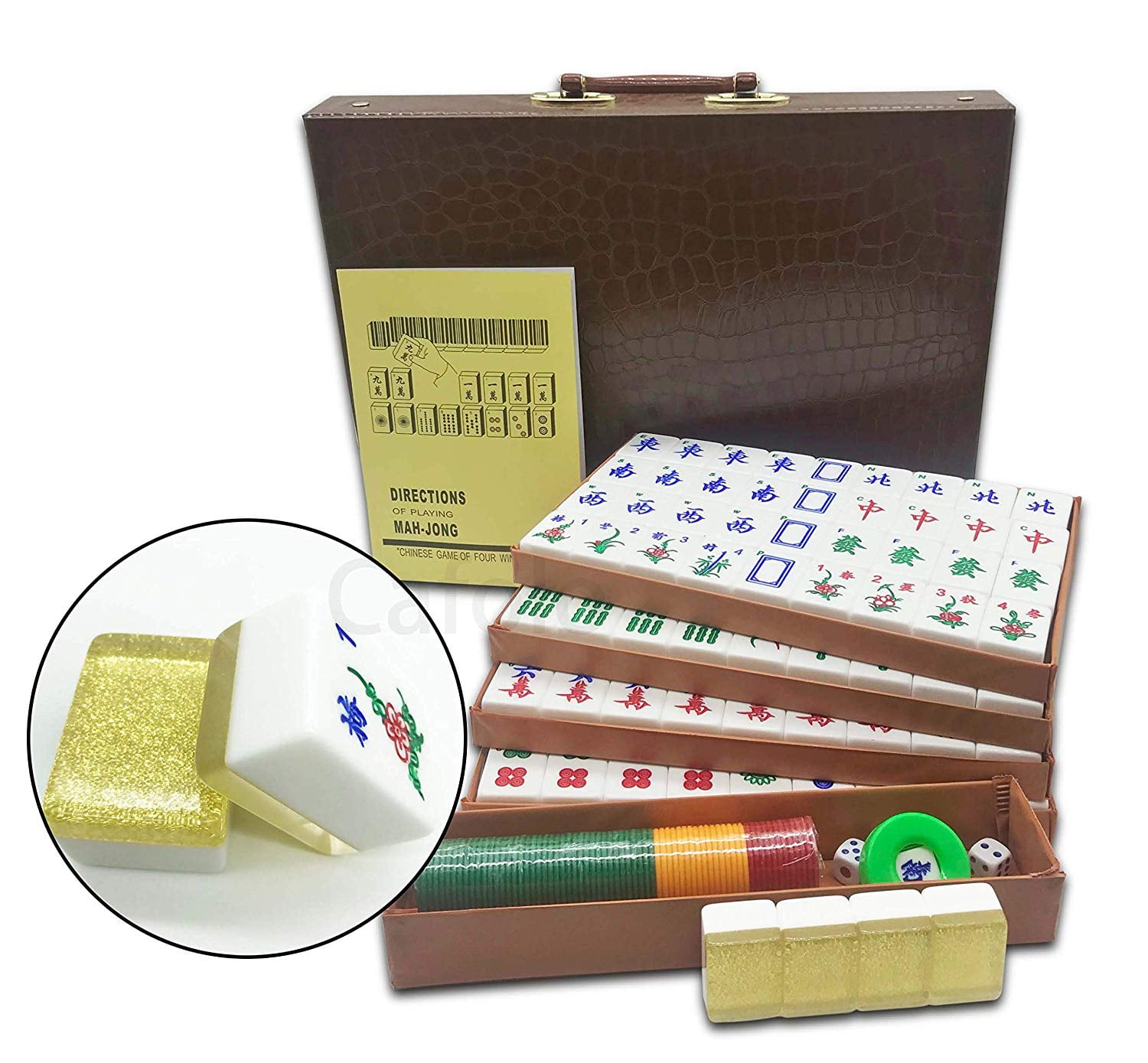 XXZY Chinese Mahjong Portable Travel Mahjong Set Melamine Mah-Jong with  Aluminum Box Table Majiang Chess Set Game（144 Tiles） (Color : Green, Size 