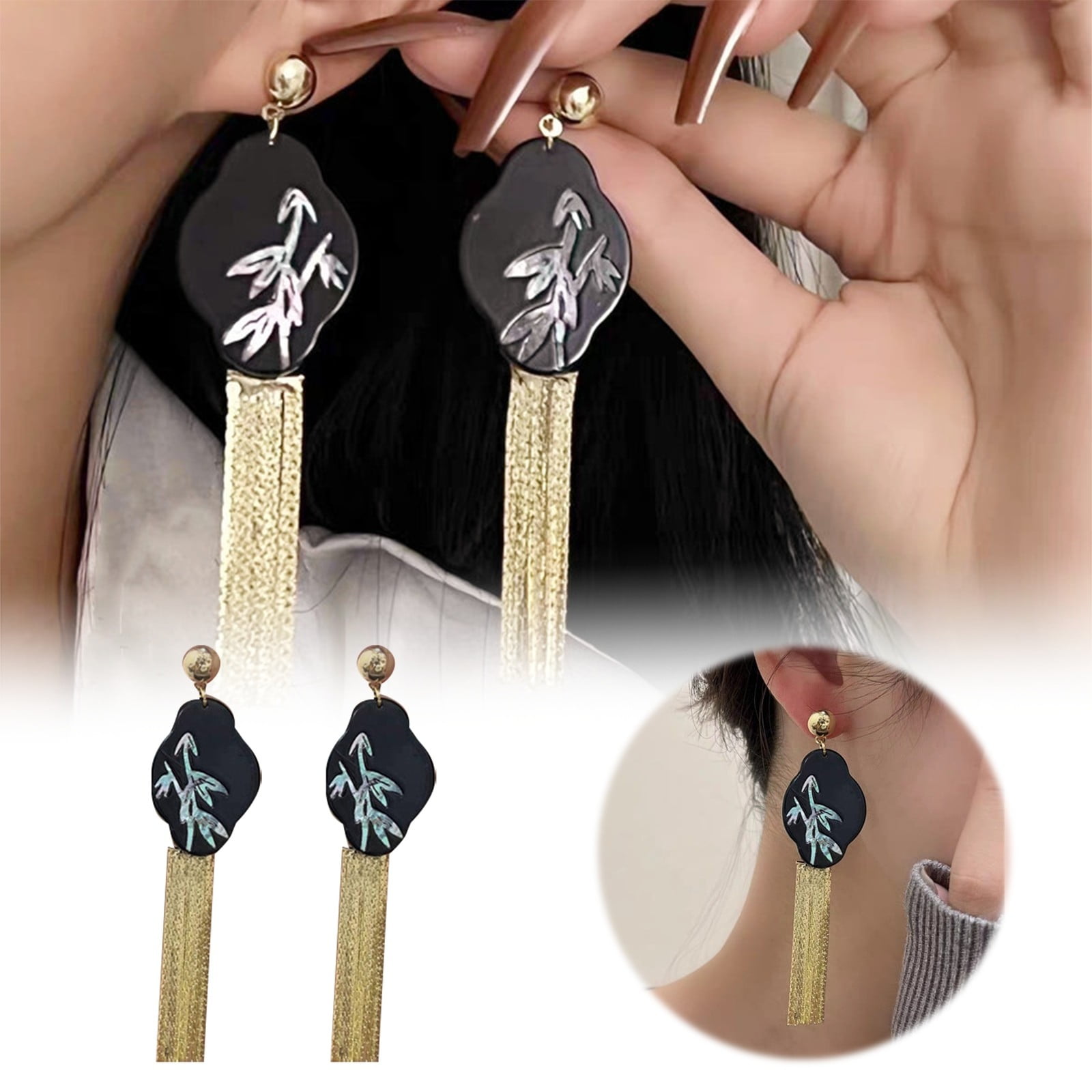 New Chinese Of Pearl Colorful Earrings Black Earrings Leaf Tassels High