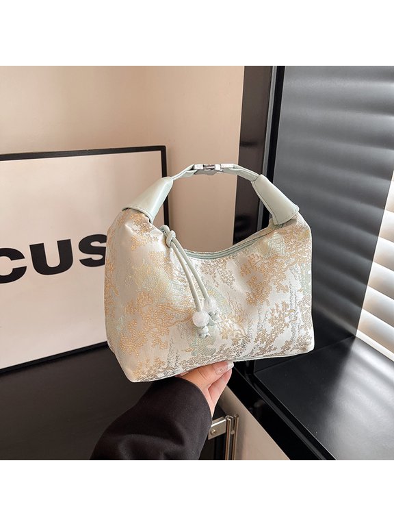 New Chinese Style Beige Embroidered Hobo Bag, Vintage Ethnic Floral Pattern Sling Bag with Beaded Tassel Pendant, Elegant Shoulder Purse for Women Daily Casual and Party