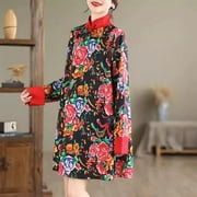 New Chinese Style Northeast Big Flower Dress Women Qipao 2024 Spring And Autumn Improved Medium Length Casual Cheongsam K174