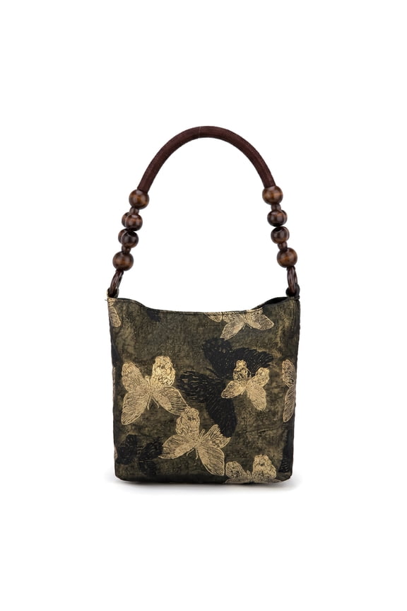 New Chinese Tote Bags with Butterfly Pattern Fabric and Beaded Wooden Ring Handle Gold