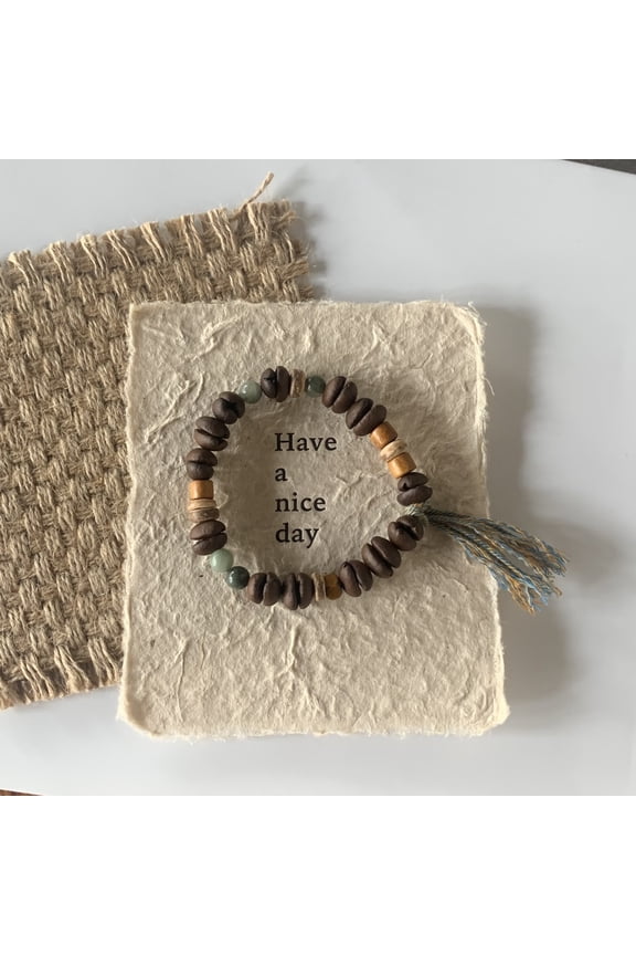 New Chinese-style handmade natural (genuine) coffee bean and natural stone bracelet, featuring passion seed, sandalwood, and coconut slices, symbolizing good fortune and blessings