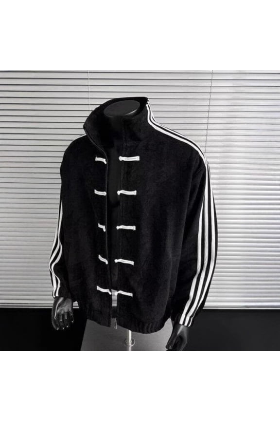 New Chinese style men's cardigan jacket with Chinese knot buttons, spring design, stand-up collar, baseball jacket, three stripes, sporty cardigan.